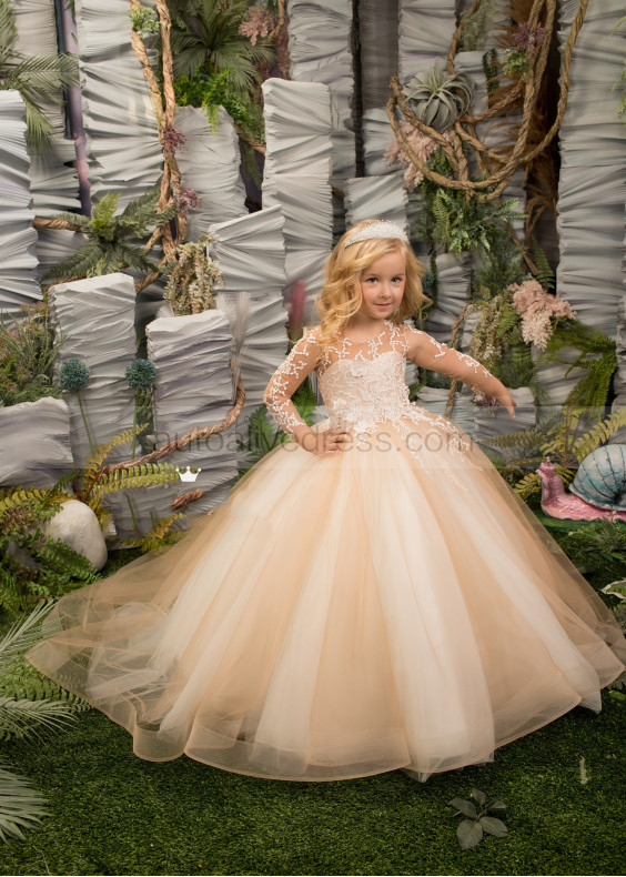 Ivory Lace Champagne Tulle Floor Length Flower Girl Dress